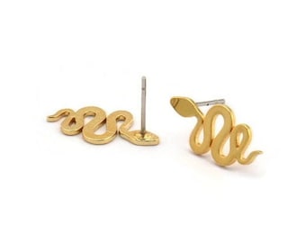 Gold Snake Earring, 8 Gold Plated Brass Snake Stud Earrings (18x8x0.80mm) A2657 Q0426