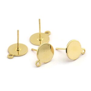 Gold Round Earring, 4 Gold Plated Brass Round Earring Studs (13x10x0.80mm) M037 A1542