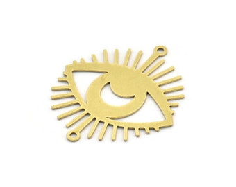 Brass Eye Charm, 6 Raw Brass Crescent Moon Patterned Eye Shaped Charms With 2 Loops, Connectors (34x30x0.60mm) A3493