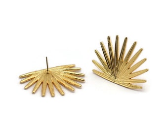 Gold Sun Earring, 2 Gold Plated Brass Sunshine Stud Earrings (38x28mm) N1059