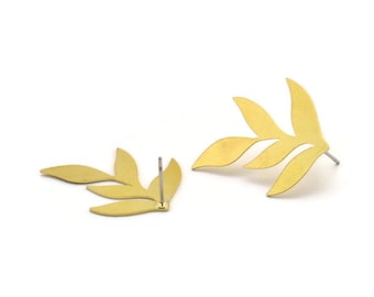 Pendiente de hoja de latón, 6 pendientes de botón en forma de hoja de latón sin tratar, accesorios (28 x 23 x 0,60 mm) A4602