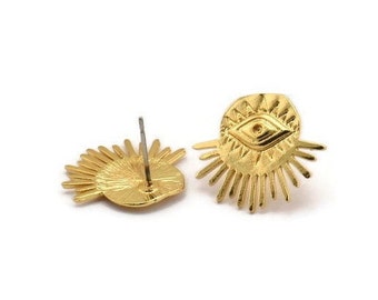 Gold Eye Earring, 2 Gold Plated Brass Eye Stud Earrings (21x18mm) N1322