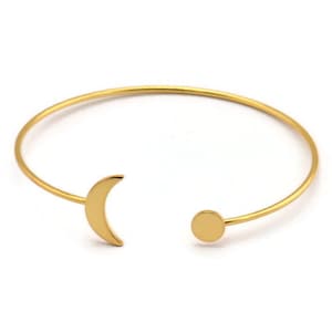 Gold Moon Cuff, Gold Plated Brass Open Bangle With Moon And Planet Ending D1595