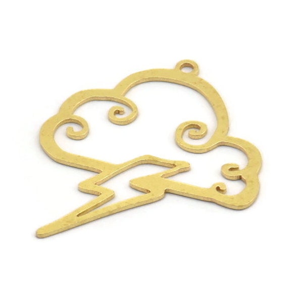 Brass Cloud Charm, 12 Raw Brass Cloud And Lightning Shaped Charms With 1 Loop, Findings (32x27.5x0.60mm) A5206