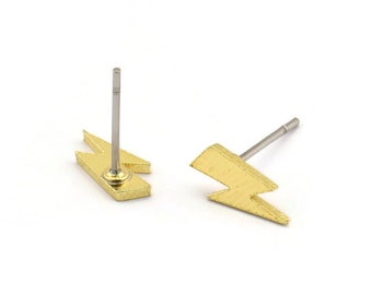 Brass Earring, 12 Raw Brass Lightning Bolt Stud Earrings (9x5x1mm) A3937