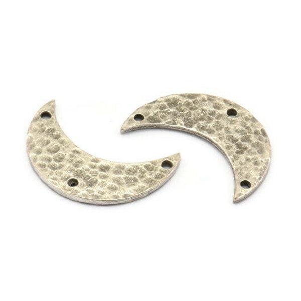 Hammered Moon Crescent Charm, 4 Antique Silver Plated Brass Hammered Moons with 3 Holes Pendant (25x9x1.2mm) N0386 H0036