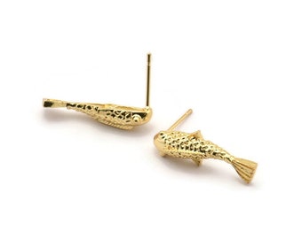 Gold Fish Earring, 4 Gold Plated Brass Koi Fish Stud Earrings, Jewelry Supplies, Findings (24x8mm) N0422 A1205