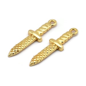Gold Knife Charm, 2 Gold Plated Brass Knife Charms With 1 Loop (28x7x2mm) N1647