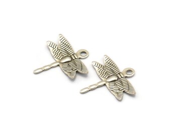 Silver Dragonfly Charm, 25 Antique Silver Plated Brass Dragonfly Charms With 1 Loop, Findings (15mm) Brs 1997 A0502