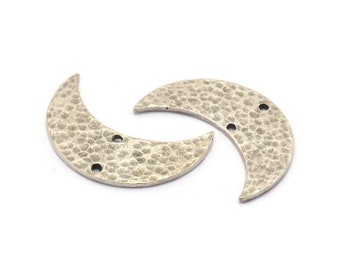 Antique Silver Hammered Crescent Charm, 2 Antique Silver Plated Brass Hammered Moons with 2 Holes (30x11x1.2mm) N0388 H0038
