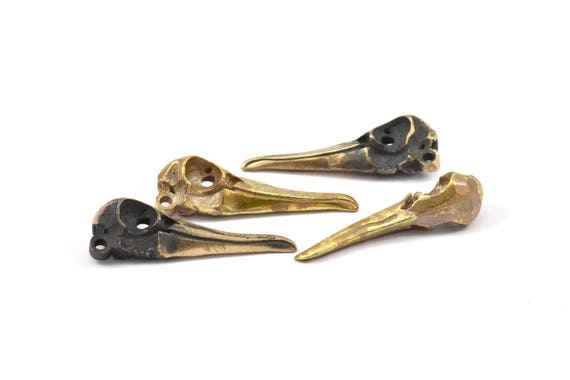 Bronze Bird Skull, 2 Solid Bronze and Oxidized Bronze Bird Skull Pendants with 1 Loop (34x10x9mm) N0346