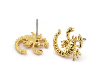 Gold Scorpio Earring, 4 Gold Plated Brass Scorpio Sign Stud Earrings, Zodiac Earring Findings, Zodiac Sign Jewelries (13x13mm) SY0291