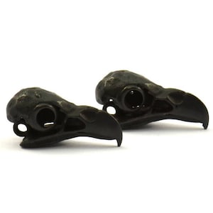 May include: Two black metal bird skull pendants with a hole for a cord or chain. The skulls are detailed and realistic.