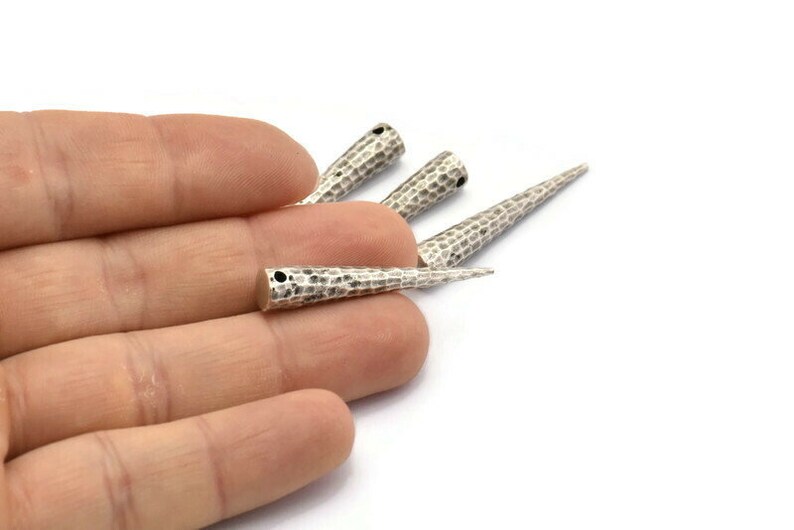 Silver Hammered Spike, 2 Antique Silver Plated Hammered Spike Tribal Pendants 37x6x1 mm N0158 H0159 image 3