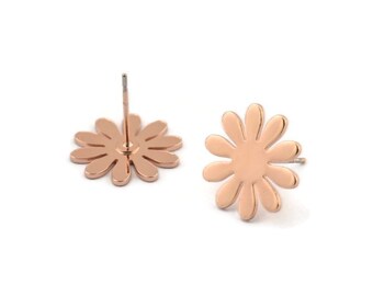 Rose Gold Flower Earring, 4 Rose Gold Plated Brass Flower Stud Earrings (15x0.80mm) A0964 A1328 Q1071