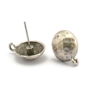 Silver Earring Post, 6 Antique Silver Plated Brass Earring Posts With 1 Loop (12.5x16mm) BS 1839