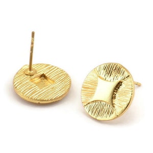 Gold Earring Posts, 2 Gold Plated Brass Round Earring Stud (15mm) N795