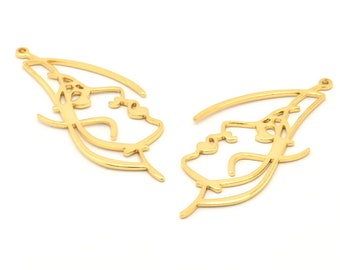 Gold Face Charm, 2 Gold Plated Brass Face Charms With 1 Loop, Pendants, Earrings, Findings (50x25x1mm) D0624