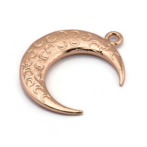Rose Gold Moon Charm, 1 Rose Gold Plated Textured Horn Charms, Pendant, Jewelry Finding (27x8x3.50mm) N0203