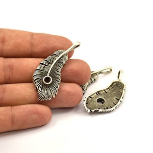 Wide Feather Pendant, 1 Antique Silver Plated Brass Feather Charms, Feather Pendants 50x20mm N0175 image 4