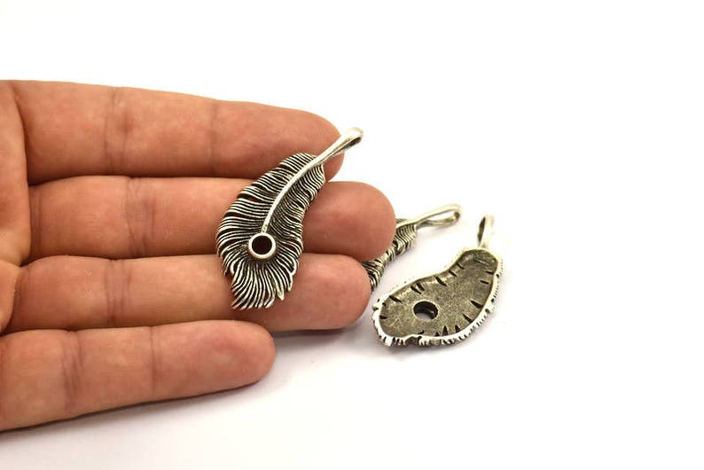 Wide Feather Pendant, 1 Antique Silver Plated Brass Feather Charms, Feather Pendants 50x20mm N0175 image 4