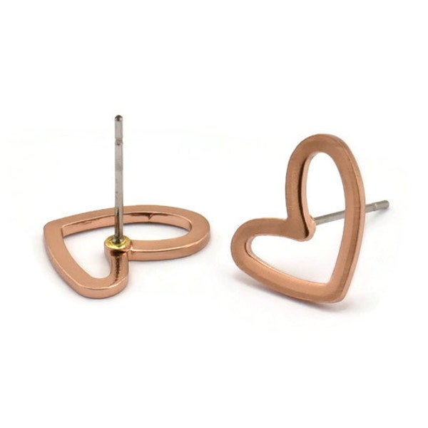 Rose Gold Heart Earring, 10 Rose Gold Plated Brass Heart Stud Earrings (11x14x1mm) D1195 A1221 Q1081