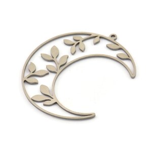 May include: A silver metal crescent moon charm with a delicate leafy design. The charm has a hole at the top for attaching to a necklace or bracelet.