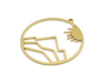 Breloque soleil en laiton, 6 breloques soleil en laiton brut avec 1 boucle, breloques montagne (37 x 35 x 1 mm) A3050