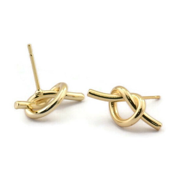 Gold Knot Earring, 4 Gold Plated Brass Knot Stud Earrings (19x8mm) D1309