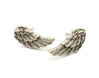 Silver Wing Earring, 4 Antique Silver Plated Brass Wing Stud Earrings, Findings (18x9x1.5mm) A1300 H0183