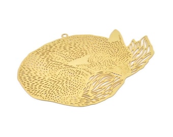 Pingente de raposa dourada, 1 pingente de raposa de latão banhado a ouro com 1 argola, achado (62x82x0,30 mm) D1681