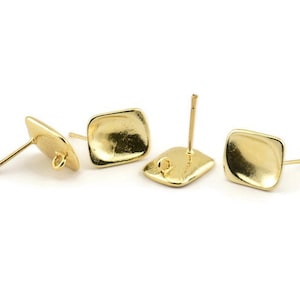 Gold Rectangle Earring, 4 Gold Plated Brass Rectangle Stud Earrings With 1 Loop (13x11mm) N1219
