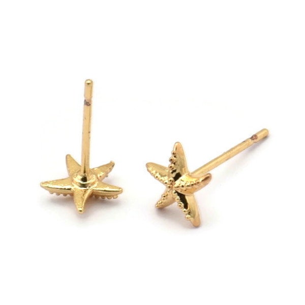 Gold Starfish Earring, 12 Gold Plated Brass Starfish Stud Earrings (7mm) N1176