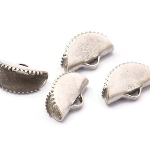 Silver Ribbon Crimp, 25 Antique Silver Plated Brass Ribbon Crimp Ends With 1 Loop, Findings (13x8mm) D1164 H1078