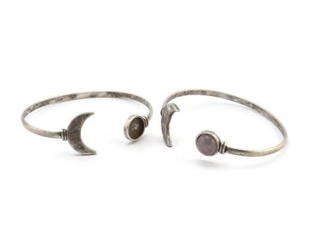 小物 moon Silver Moon Cuff, Antique Silver Plated Brass Moon and