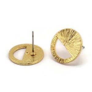 Gold Round Earring, 2 Textured Gold Plated Brass Half Moon Stud Earrings (16x1.2mm) N1261