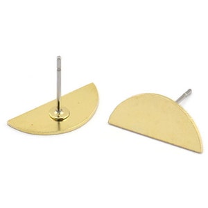 Brass Moon Earring, 10 Raw Brass Half Moon Shaped Stud Earrings, Semi Circle Earrings (7x16x0.60mm) A2982