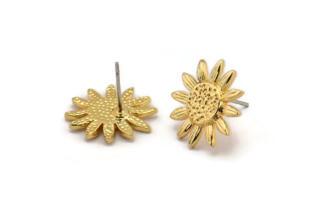 Gold Sunflower Earring, 2 Gold Plated Brass Sunflower Stud Earrings