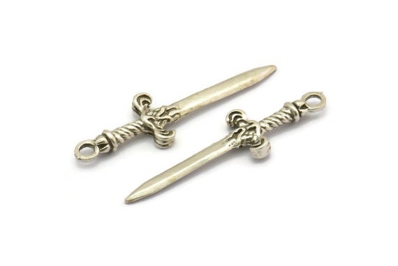 Knight's Sword Pendant, 4 Antique Silver Plated Plated Brass Sword Charms (36x10mm) N0248 H1010