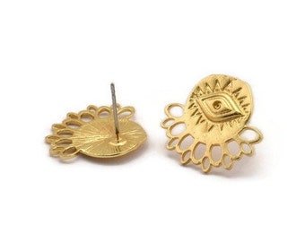 Gold Eye Earring, 2 Gold Plated Brass Eye Stud Earrings (20x18x0.80mm) N1305