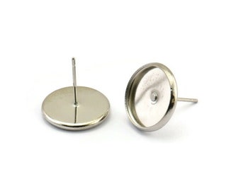 Silver Cabochon Pad, 50 Silver Tone Earring Posts 12mm Cabochon Pad, Iron Ear Studs D0165