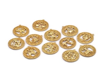 Gold Zodiac Signs, Zodiac Signs, Zodiac Sign Charms, Gold Plated Brass Zodiac, Horoscope Charms, Astrology Zodiac Charms (21mm)