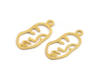 Gold Face Charm, 10 Gold Plated Brass Face Charms With 1 Loop, Charm Earrings (20x10x0.80mm) E649