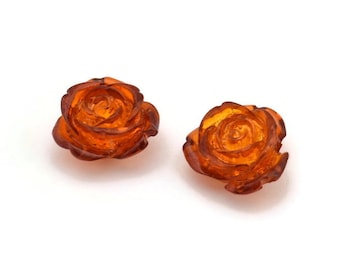 4 Synthetic Amber Red Rose Shaped Flower Cabochons (17mm) Y035