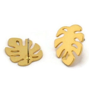 Gold Leaf Earring, 4 Gold Plated Brass Monstera Leaves Shaped Stud Earrings (18x15x0.80mm) A2766 H0159
