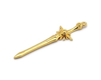 Złoty Miecz Charm, 2 Mosiężne Miecze Charms Z 1 Pętelką, Kolczyki, Zawieszki Charms, Znaleziska (46 x 12 mm) N1625 Q0794