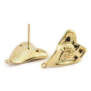 Gold Rose Earring, 2 Gold Plated Brass Rose Motif Stud Earrings With 1 Loop (20x13mm) N1222