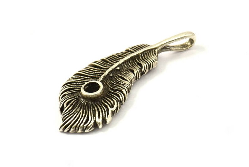 Wide Feather Pendant, 1 Antique Silver Plated Brass Feather Charms, Feather Pendants 50x20mm N0175 image 1