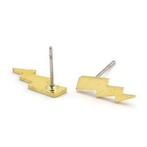 Brass Earring, 12 Raw Brass Lightning Bolt Stud Earrings (13x5x1mm) A3927