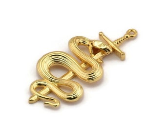 Złota zawieszka w kształcie miecza, pozłacane mosiężne zawieszki w kształcie miecza z 1 pętelką, miecz w kształcie węża (47 x 22 mm) N1643